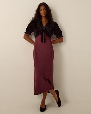 Monsoon Fiona Puff Sleeve Velvet Satin Midi Dress Red