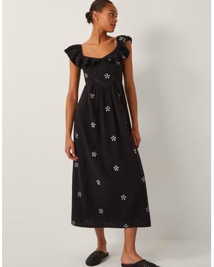 Monsoon Women's Black & White Cotton Floral Embroidered Daisy Frill Midi Dress, Size: Xl