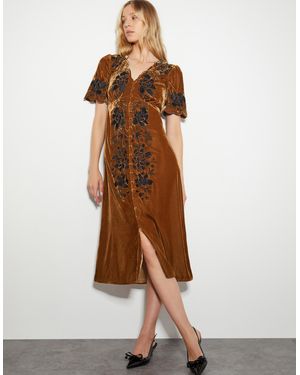Monsoon Cleo Embroidered Velvet Dress Copper - Brown