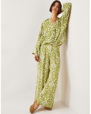 Monsoon Trinny Hand-screen Print Wide Leg Trousers Green
