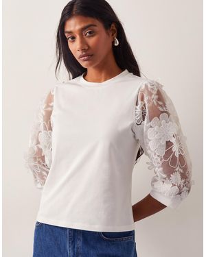 Monsoon Fi Floral Sheer-sleeve Top Ivory - Grey