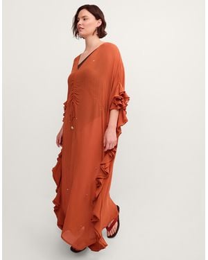 Monsoon Callie Thorpe X Embellished Ruffle Sheer Maxi Kaftan Orange - Red