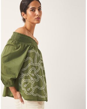 Monsoon Julie Embroidered Bardot Top Green