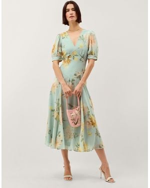 Monsoon Carris Puff Sleeve Floral Midi Dress Green