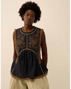 Monsoon East Winnie Broderie Cotton Top Blue - Black