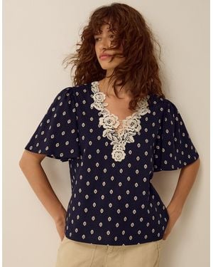 Monsoon Janey Printed Jersey Top Blue