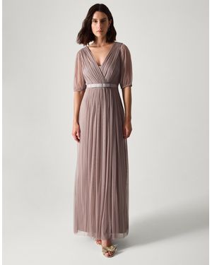 Monsoon Ellie Sheer Sleeve Plunge Tulle Maxi Dress Mink - Multicolour