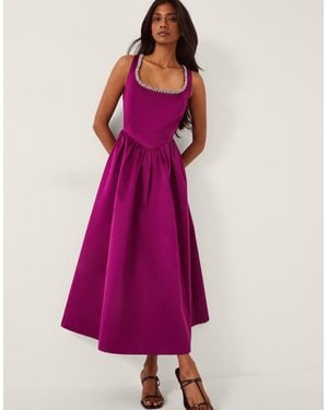 Monsoon Women's Dark Pink Embellished Saira Sleeveless Satin Midi Dress, Size: 8 - Purple