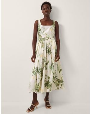 Monsoon Women's Cream & Green Floral Print Sicily Fit And Flare Midi Dress, Size: 14 - Natural