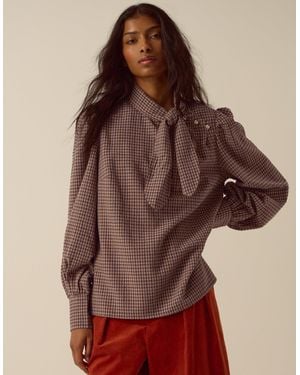 Monsoon Myla Tie Neck Gingham Top Brown