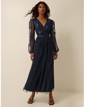 Monsoon Charlotte Floral Embroidered Mesh Midi Dress Blue