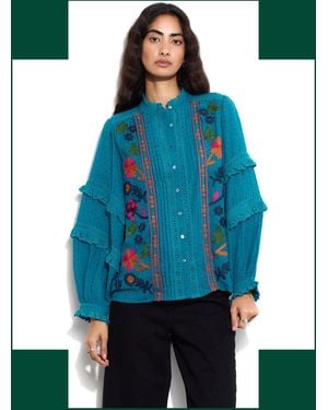 Monsoon East Embroidered Ruffle Sleeve Blouse Green - Blue