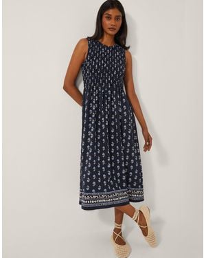 Monsoon Deniz Sleeveless Floral Midi Dress Blue