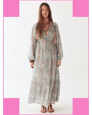 Monsoon Maison Hotel Flora Long Sleeve Maxi Dress Blue - White