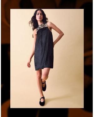 Monsoon Clemence Women's Black & Gold Embellished Margot Velvet Mini Shift Dress, Size: 18