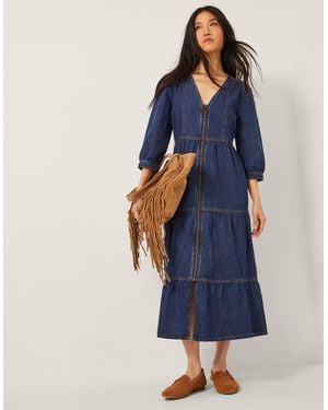 Monsoon Maya Zip Denim Midi Dress Blue
