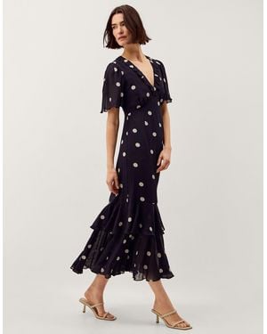 Monsoon Rowena Polka Dot Ruffle Midi Dress Blue