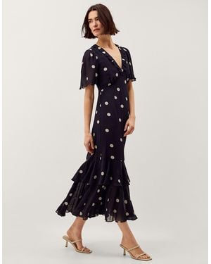 Monsoon Rowena V-Neck Polka Dot Flutter Sleeve Ruffle Midi Dress - Blue