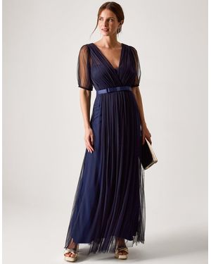 Monsoon Women's Navy Blue Elegant Ellie Sheer Sleeve Plunge Tulle Maxi Dress, Size: 12