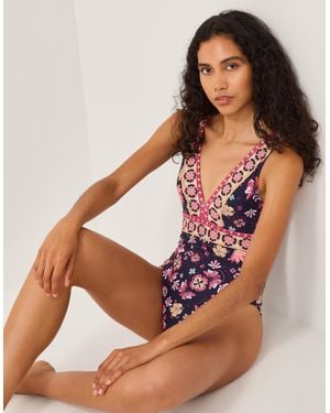 Monsoon Abbie Floral Print Swimsuit Blue - Brown
