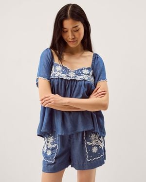 Monsoon Isla Short Sleeve Embroidered Denim Top Blue