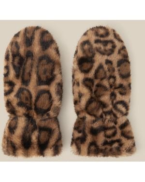 Monsoon Niya Leopard Print Faux Fur Mittens - Natural