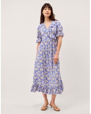 Monsoon Sian Floral Print Ruffle Midi Dress Blue