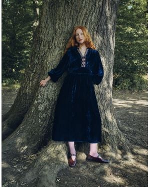 Monsoon Easy Wendy Floral Embroidered Velvet Maxi Dress Blue - Green