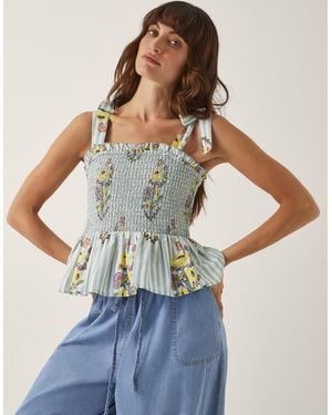 Monsoon Lucille Floral Stripe Smocked Top Blue