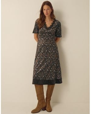 Monsoon Carly V-neck Floral Print Velvet Midi Dress Brown - Natural