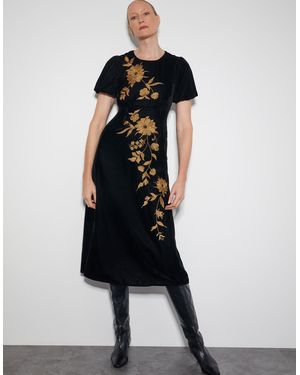 Monsoon Women's Black & Brown Floral Embroidered Elegant Kendra Velvet Midi Dress, Size: 10