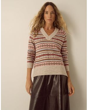 Monsoon Fara V-neck Fair Isle Jumper Mink - Brown