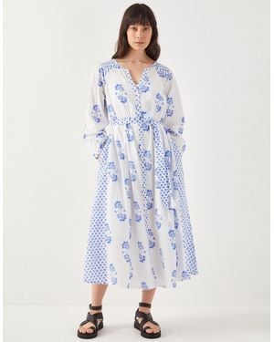 Monsoon East Amber Hand-screen Floral Print Midi Dress Ivory - Blue
