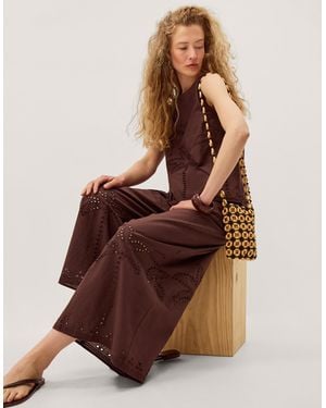 Monsoon Eden Palm Cutwork Wide Leg Trousers Brown