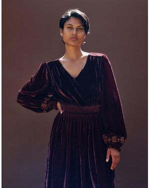 Monsoon East Everly Floral Embroidered Velvet Maxi Dress Purple - Blue