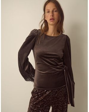 Monsoon Tamara Tie Side Fringe Velvet Top Brown
