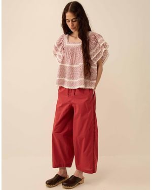 Monsoon East Irina Cotton Embroidered Trousers Pink