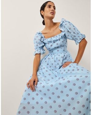 Monsoon Women's Blue & Black Cotton Printed The India Edit Matilda Puff Sleeve Midi Dress, Size: 18