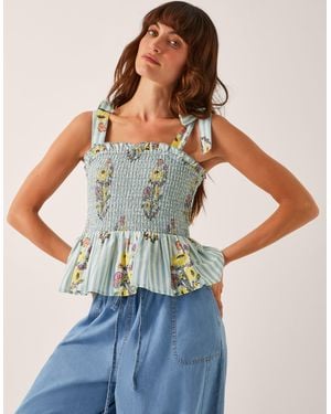 Monsoon Lucille Floral Stripe Smocked Top Blue