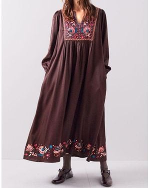 Monsoon East Eliana Embroidered Midi Dress Brown - Purple