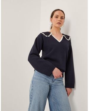 Monsoon Clay Collar V-neck Jumper Blue