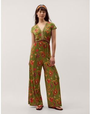 Monsoon Zainab Floral Jersey Wide Leg Jumpsuit Green