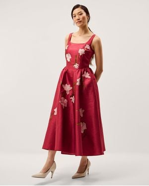 Monsoon Anya Floral Embroidered Fit & Flare Midi Dress Pink