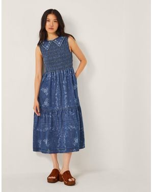 Monsoon Cecily Floral Smocked Denim Midi Dress Blue