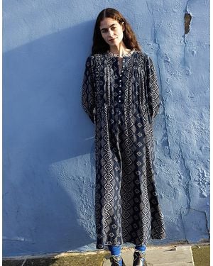 Monsoon East Celine Textured Cotton Midi Dress Blue