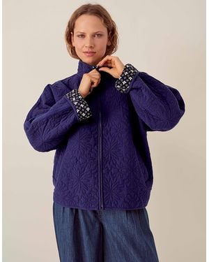 Monsoon East Celine Lightly Quilted Floral Stitch Jacket Blue