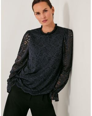 Monsoon Larna Lace Long Sleeve Blouse Blue - Black