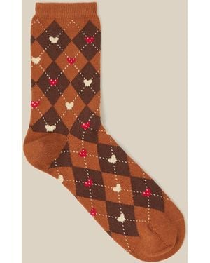 Monsoon Argyle Heart Socks Brown - Natural