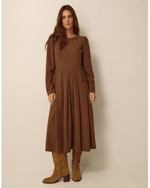 Monsoon Silvia Button Stretch Corduroy Midi Dress Tan - Brown