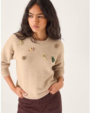 Monsoon Edie Embroidered Christmas Jumper Camel - Natural